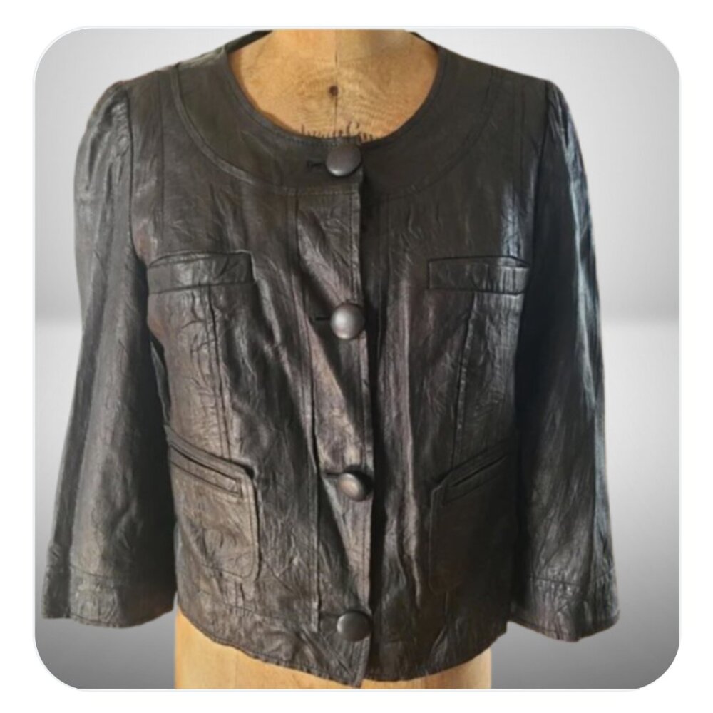 Soft Black Leather Jacket textured Small Black 3/4 Sleeves Women's - Picture 2 of 10